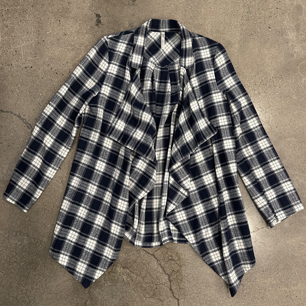 Plaid cardigan with flowy shawl collar